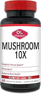 Olympian Labs 10X Mushroom Supplement Capsules - Sistema integral de apoyo a la fórmula, antioxidante, salud cerebral - 60 cápsulas (30 servidos)