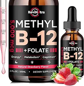 Vitamina B12 gotas líquidas, B12 vitaminas 5000 mcg, Vitamina B Suplemento Complejo con Metilcobalamina B12 Sublingual, Vitamina B6, Folate for Energy, Brain, Heart Health, Vegan Strawberry Flavor 2 Fl Oz