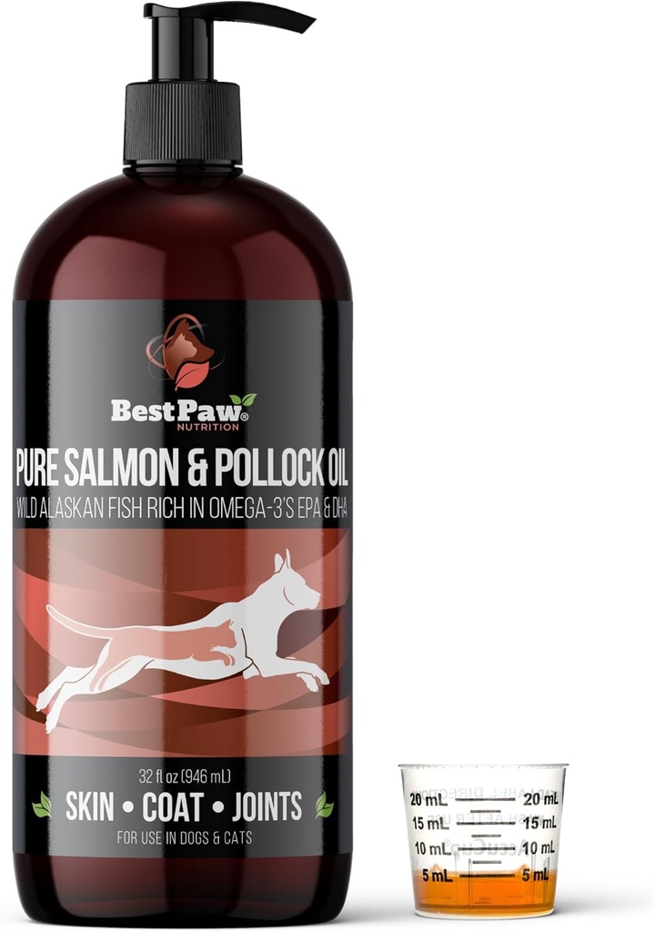 Puro aceite de salmón de Alaska para perros &amp; gatos Skin and Coat - Fish Oil Liquid with Pump - Supports Joint Function, Immune & Heart Health - Omega 3 Liquid Food Supplement - All Natural EPA + DHA - 32oz