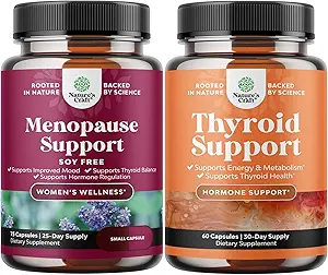 Bundle of Soy Free Menopause Supplement for Women for Night Sweats Hot Flashes Mood Support and Hormone Balance and Herbal Thyroid Support Complex - Mood Enhancer Energy Supplement for Thyroid Health