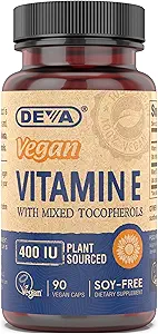 DEVA Vitaminas Veganas Vitamina Natural E 400IU con tocoferoles mixtos, soporta sistema inmunológico " Nutrición cutánea, antioxidante natural " Gluten Free, Dairy Free, Non-GMO, 90 cápsulas
