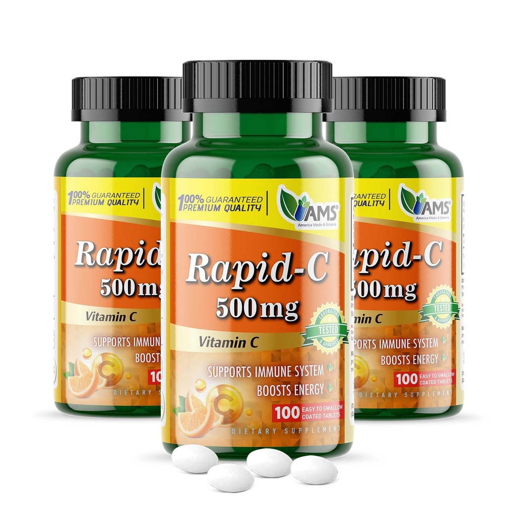 America Medic &amp; Science Rapid-C 500mg Vitamin C Supplement (3 Pack of 100 Tablets) Energy Booster, Daily Immune System Support, Antioxidant ¦ Vegan, Non-GMO Coated Ascorbic Acid for Adult Men &amp; Women