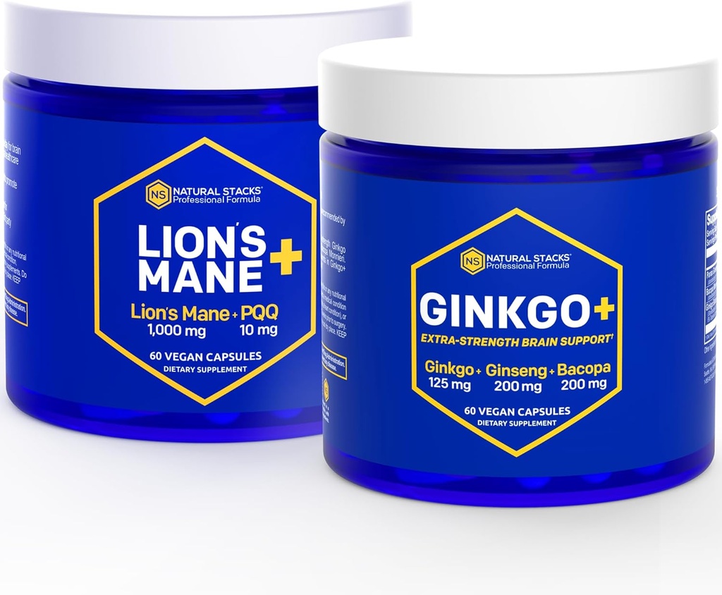 NATURAL STACKS Ginkgo Biloba + Lions Mane Mushroom Bundle - Focus & Memory Support* - 120 Capsules
