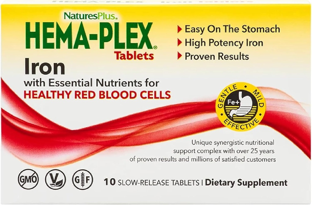 NaturesPlus Hema-Plex Iron - 10 Tablas de liberación lenta - 85 mg Hierro Chelatado - Total Sangre Salud - con Vitamina C & Bioflavonoides - Vegan, Gluten Gratis - 10 Servings