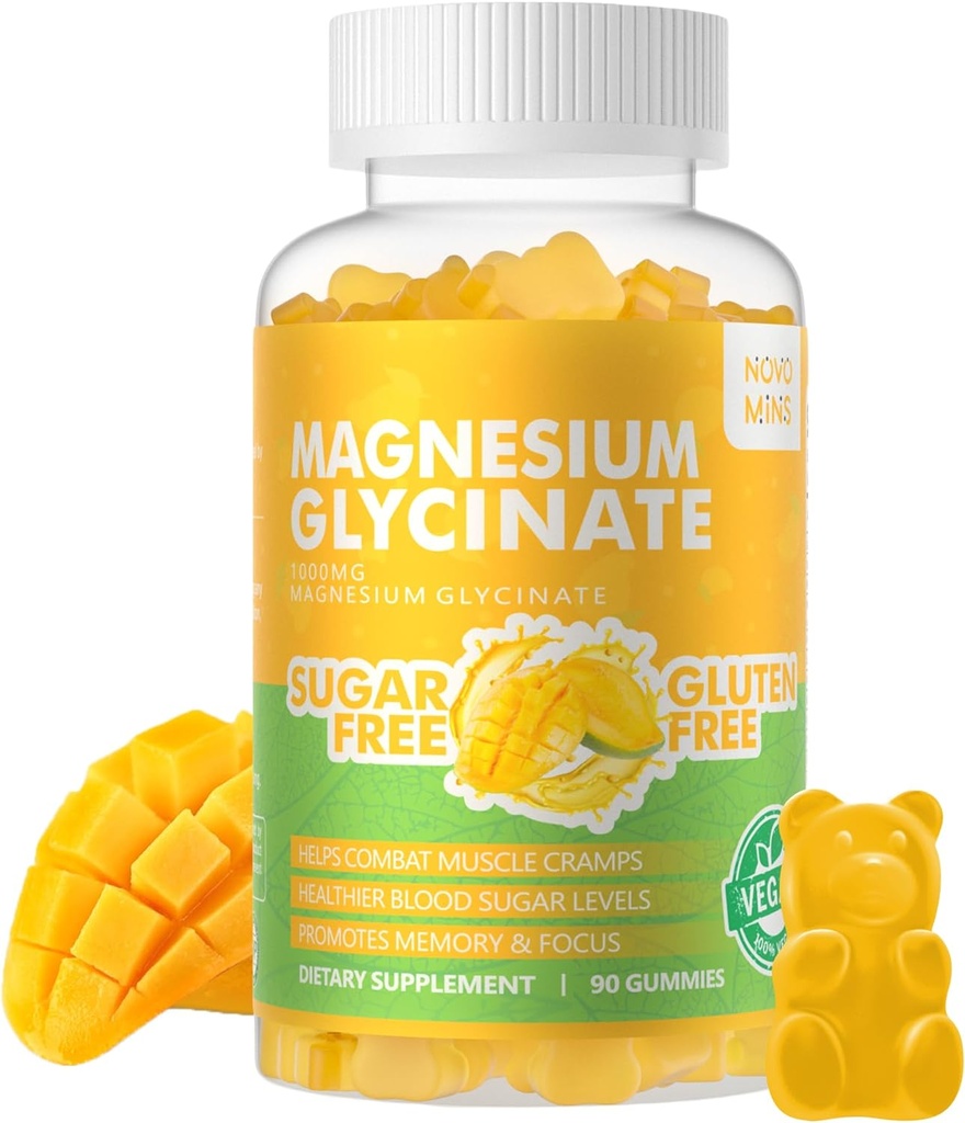 90 CT Magnesio Glycinate Gummies 1000mg - Suplemento de Potasio de Magnesio Libre de Azúcar con vitamina D, B6, CoQ10 para calma Mood &amp; Sleep Support - 90 Mango Pineapple Gummies