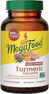 MegaFood Turmeric Curcumin Suplemento para el soporte del hígado - Suplemento Turmérico con Black Pepper &amp; Milk Thistle - 300mg Curcuminoids Por Serving - Vegan, Gluten Free, NonGMO - 90 Tablets, 45 Servings