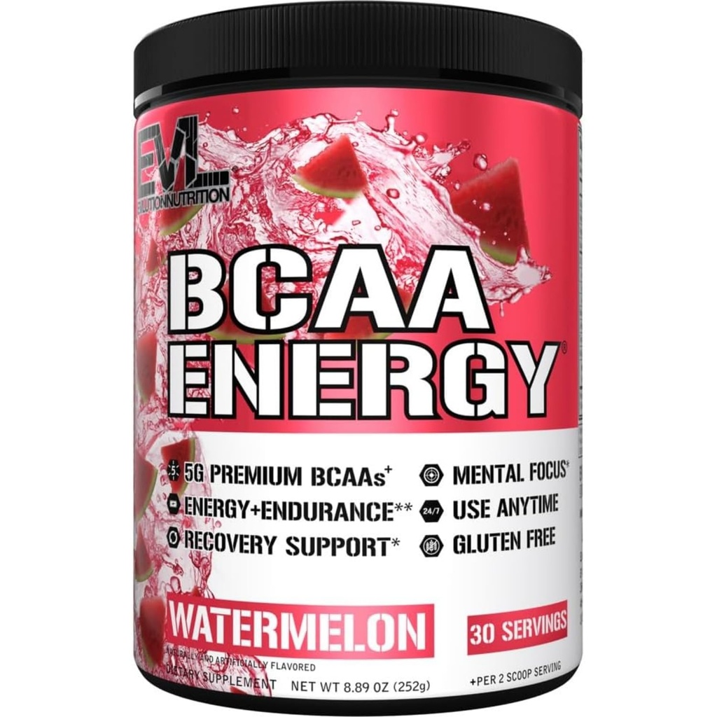 Evlution EVL BCAAs Amino Acids Powder - BCAA Energy Pre Workout Powder for Muscle Recovery Lean Growth and Endurance - Rehydrating Post Workout Recovery Drink with Natural Caffeine - Watermelon
