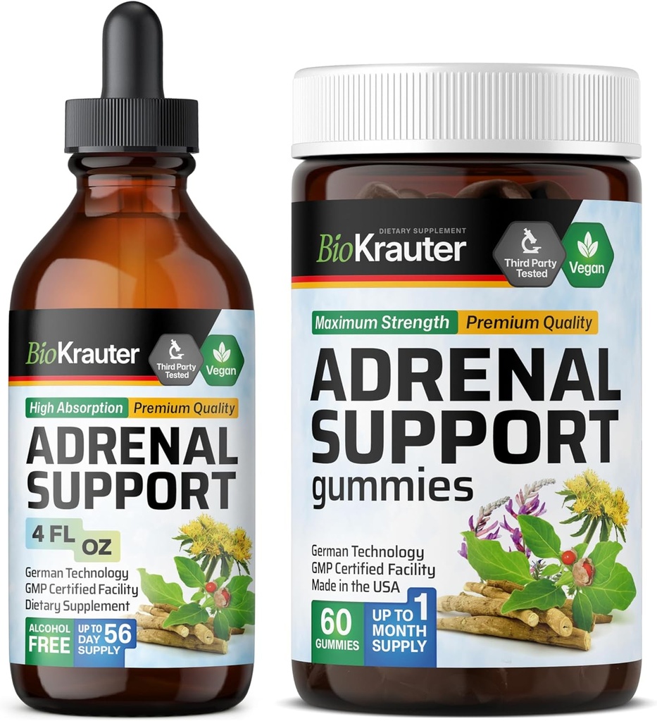 BIO KRAUTER Adrenal Support 60 Gummies & Adrenal Support Tincture 4 Fl. Oz.