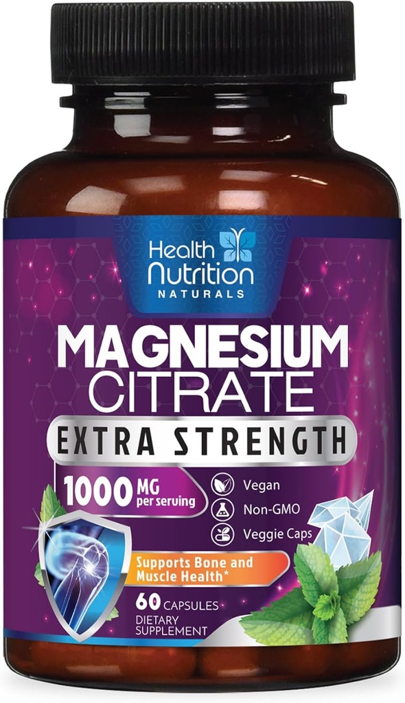 Capsules de Citrato de Magnesio 1000mg - Max Absorption Magnesium Powder for Muscle, Nerve, Bone and Heart Health Support, Complejo de Citrato de Alta Absorción, Gluten Free, Non-GMO - 60 cápsulas