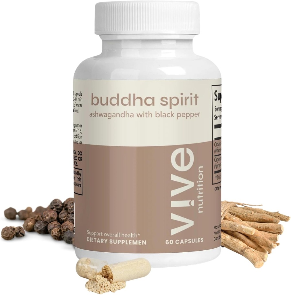 Buddha Spirit Ashwagandha Capsules with Black Pepper - 100% Organic, Vegan & Gluten-Free - 60 Count, 30-Day Supply