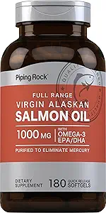 Piping Rock Wild Alaskan Salmon Fish Oil TENIDO 1000mg TEN 180 Softgels TENIDO Suplementos para los seres humanos TEN Omega-3, EPA, y DHA TEN NO-GMO y Gluten Free