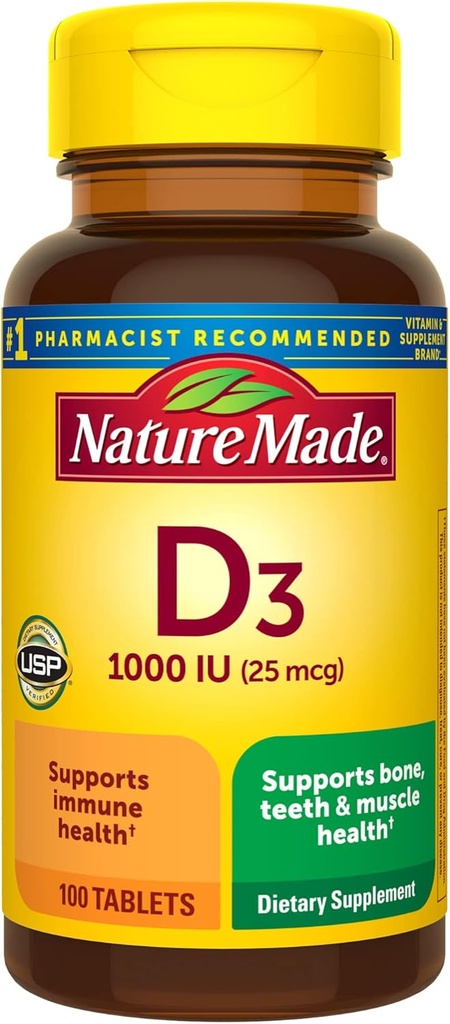 Nature Made Vitamina D3 1000 UI (25 mcg), Suplemento de vitamina D para Bone, Dientes, Muscle e Immune Health Support, 100 Tablets, 100 Day Supply