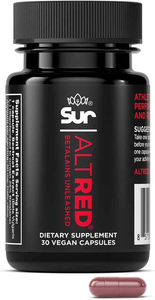 AltRed Sur Beet Root Capsules for Muscle Recovery and Sports Nutrition - 25% Betalain Extract Pre Workout & Nitric Oxide Supplement for Endurance Athletes - NSF Certified for Sport