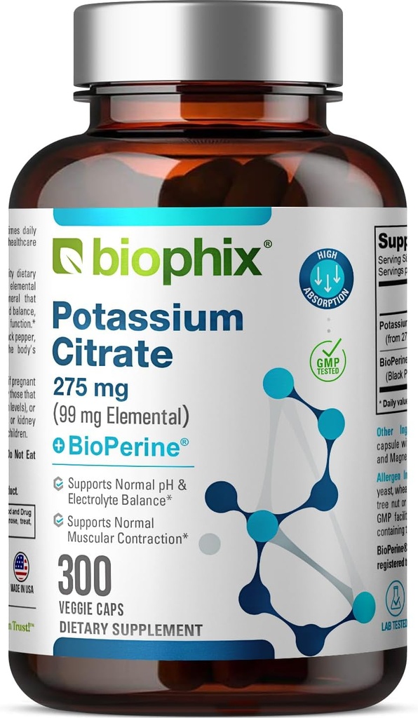 biofijo Potasio Citrato 275 mg con BioPerine 300 Veggie Capsules - Soportes Electrolyte Balance, Nerve., Función muscular y salud cardíaca