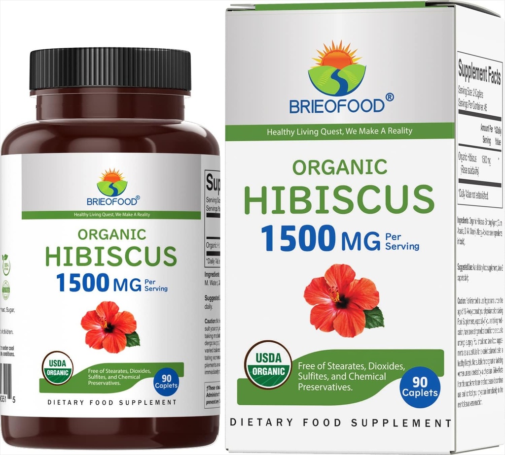 Brieofood Organic Hibiscus 1500mg, 45 Servings, Vegetarian, Gluten Free, 90 Tablets Vegetarianos