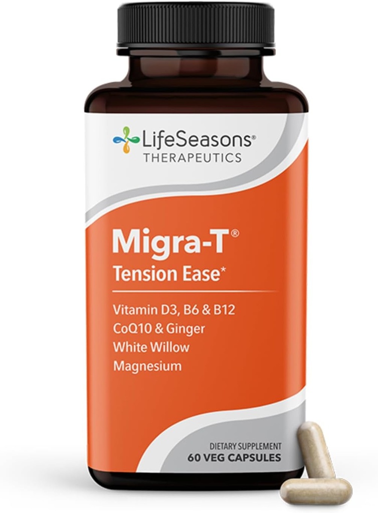 LifeSeasons Migra-T with Relieve-R - Migraine Prevention & Relief Supplement - Support for Severe Headaches - Reduce el sonido de la luz " Odor Sensitivity - Feverfew, White Willow, Magnesium Ginger " CoQ10
