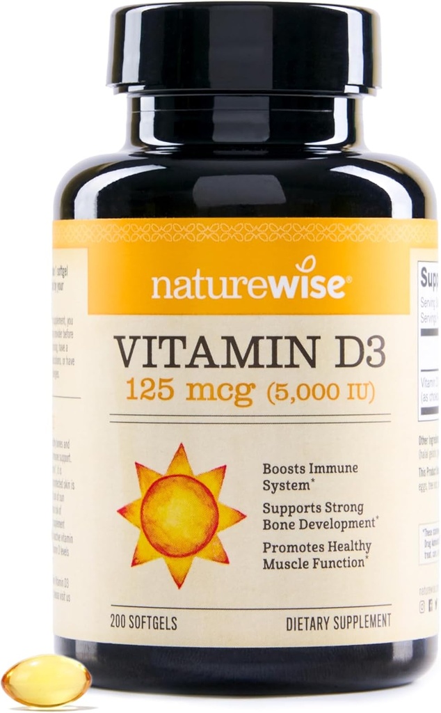 NatureWise Vitamina D3 5000iu (125 mcg) Suministro de 200 días para soporte inmunológico, función muscular saludable y salud ósea - no GMO, sin gluten en aceite orgánico de oliva virgen extra, (Mini Softgel), 200 Conde