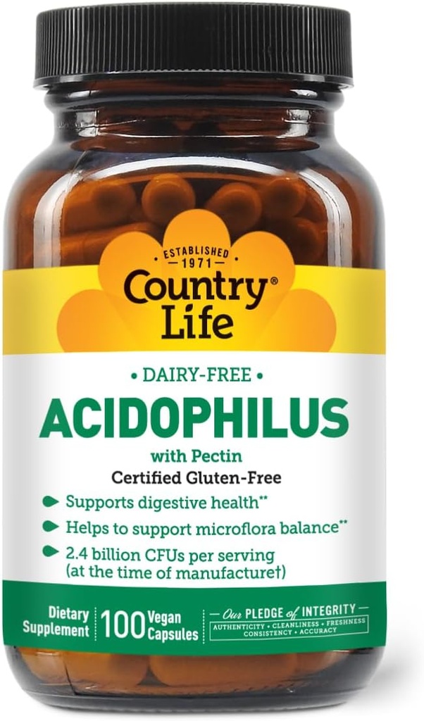 Country Life Acidophilus Probiotic Supplement for Women ' Men - Gratis from Common Allergens - 2.4 Billion CFUs to Support Digestive Health - Dairy-Free, Non-GMO, 100 Vegan Capsules