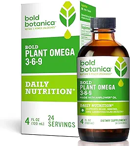 Planta Botánica Bold Omega 3-6-9, con Ahiflower Oil, Vegan Omega 3, Omegas completos de base vegetal para la salud del cerebro, mejor que el Flax, pescado libre, gran sabor, libre de azúcar, sin azúcar, líquido- 4 oz