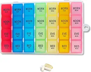 Organizador semanal de píldoras 4 veces al día, 7 días cajas de píldoras, organizador mensual de medicamentos 28 días Compartimientos portátiles " Moisture-Proof Caja exterior para vitaminas, aceites de pescado, suplementos(Color)