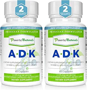 Power By Naturals ADK Vitamina Suplemento: Vitamina A, Vitamina D3 5000 iu y Vitamina K2 MK-7, Apoyo a la Salud de los Huesos Vitamina ADK Suplemento, Pura Vitamina D3 K2 MK7 &amp; A, Pack de 2 (60 cápsulas cada uno)