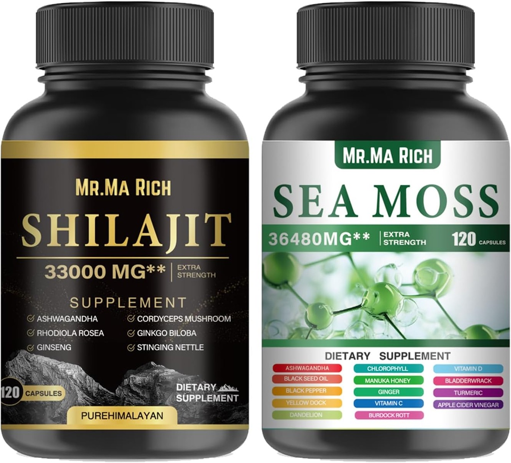 Sea Moss y Shilajit Capsule Bundle, Ashwagandha Rhodiola Rosea Ginseng Cordyceps Mushroom Ginkgo Biloba Stinginging Nettle Magic Moss Blendim Black Seed Turmeric Bladderwrack Burdock Black Pepper