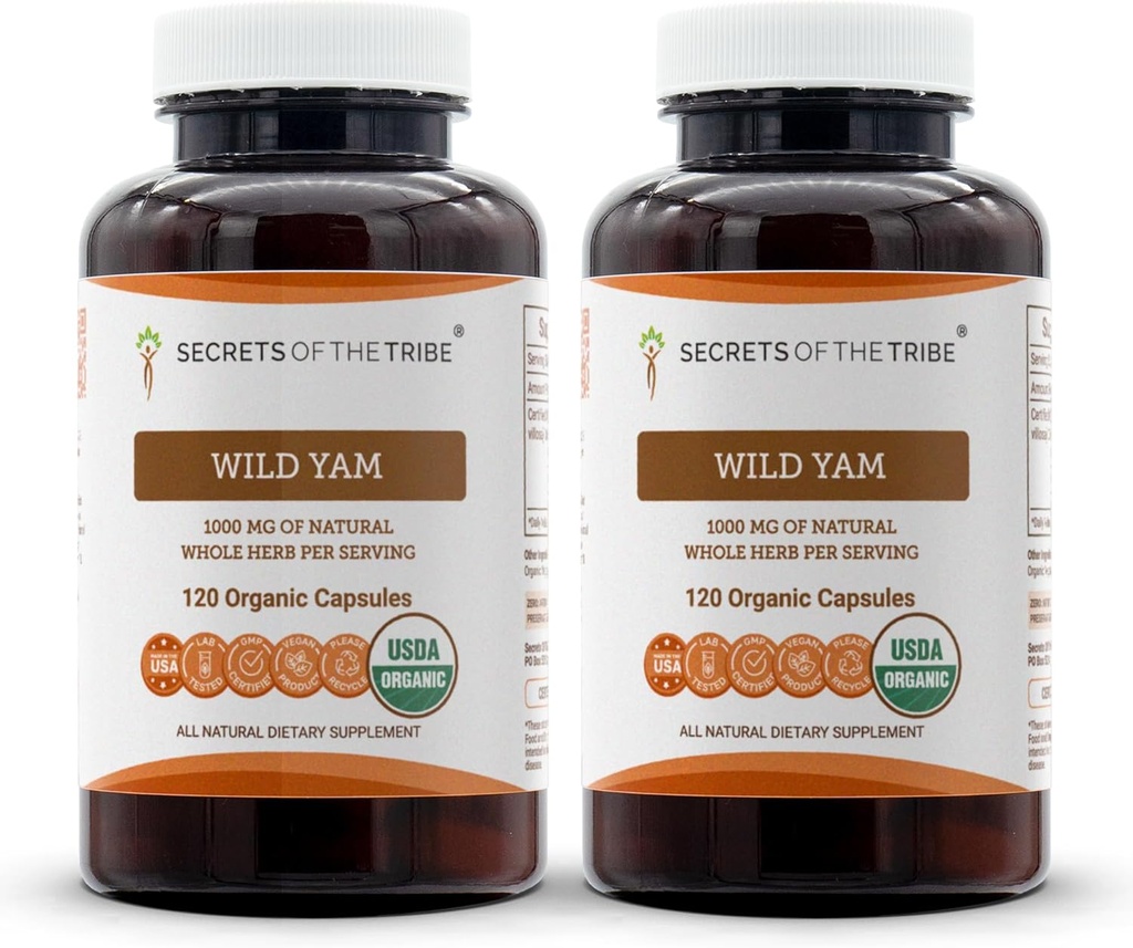 Secrets of the Tribe Wild Yam Capsules 1000 mg Bienes agrícolas USDA Organic Wild Yam (Dioscorea Villosa) Dried Root, Suplemento de Apoyo hormonal (2x120 cápsulas)
