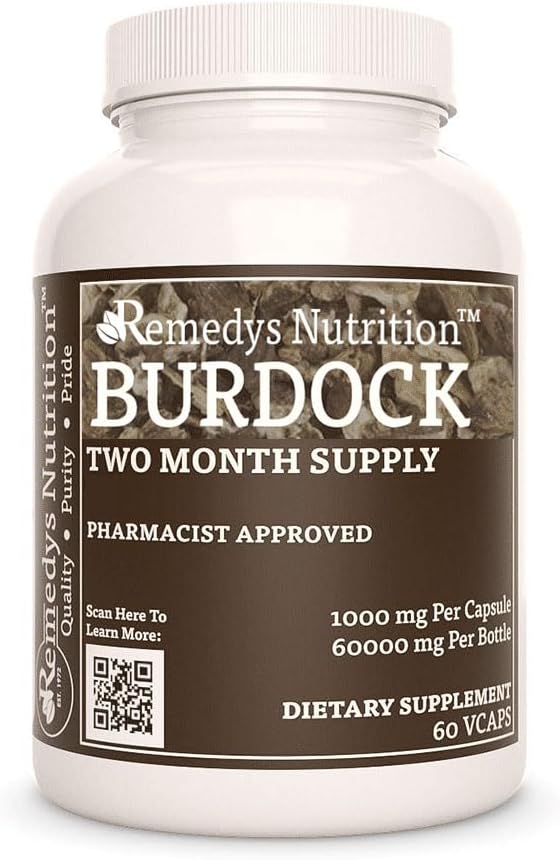 Nutrición de Remedy Burdock Root tención 1,000 mg, 60 Vegan Capsules Herbal Suplemento dietético Silencio Dos Mes Fuente Silencio También Contiene Quercetina & Vitamina C