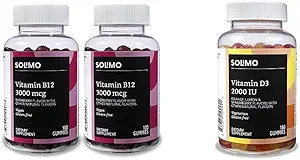   Basics Vitamin B12 3000 mcg Gummies (2 Packs of 100), 2 per Serving and   Basics Vitamin D3 2000 IU Gummies, Orange, Lemon & Strawberry, 160 Count (2 per Serving) (Previously Solimo)