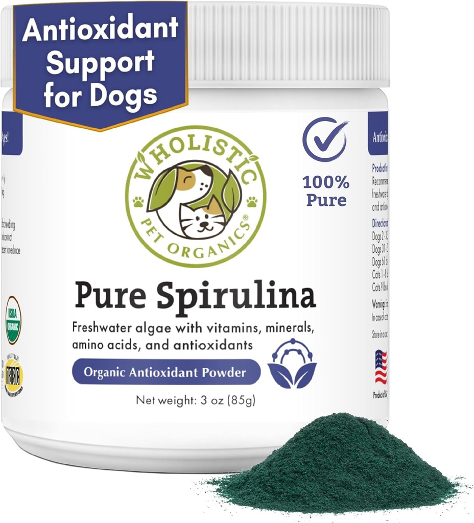 Mascotas Wholistic Orgánicas Spirulina para Perros - 3 Oz - Apoyos Sistema de Inmunización Saludable &amp; Alergia Temporal - Soporte Antioxidante basado en plantas para comida casera - Orgánica para Perros Alimentarios - Fresco en EE.UU.