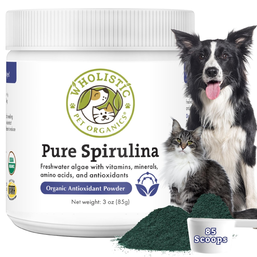 Mascotas Wholistic Orgánicas Spirulina para Perros - 3 Oz - Apoyos Sistema de Inmunización Saludable &amp; Alergia Temporal - Soporte Antioxidante basado en plantas para comida casera - Orgánica para Perros Alimentarios - Fresco en EE.UU.