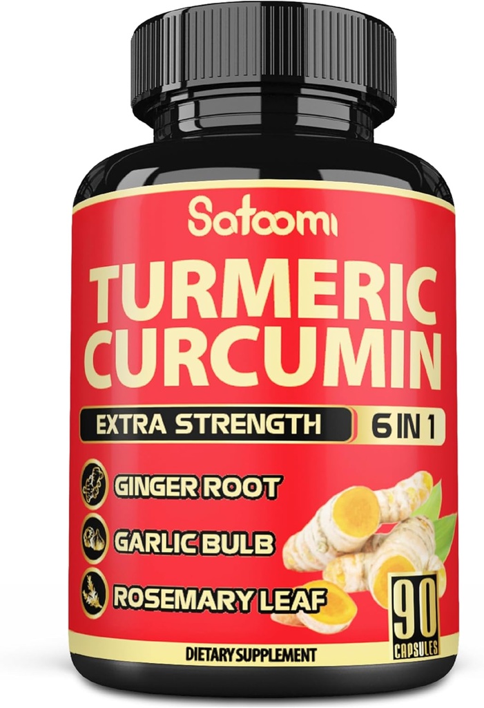 Satoomi 6in1 Turmeric Curcumin Suplemento - 3 Month Supply - 95% Curcuminoides con Ginger Root, Ajo, Rosemary &amp; Black Pepper - 90 cápsulas