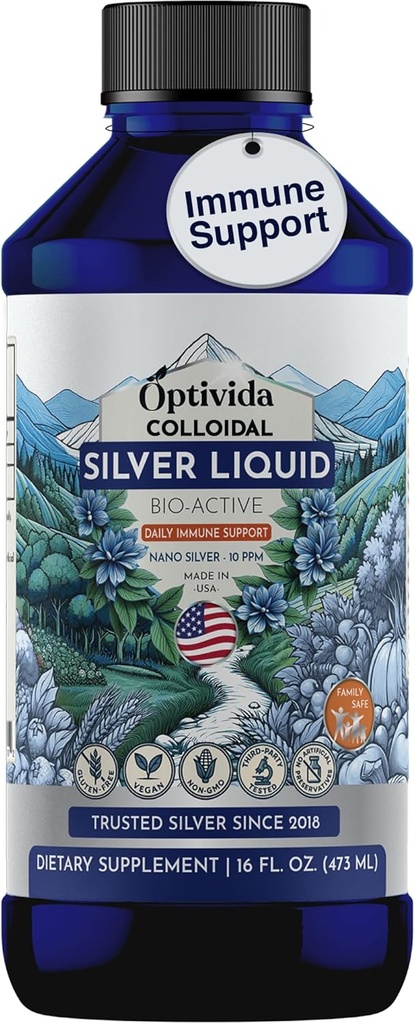 Optivida Health Colloidal Silver Liquid (16 Oz) – Premium Nano Silver Colloidal Supplement for Daily Wellness &amp; Immune Support, Natural Liquid Silver Hydrosol for Adults &amp; Kids, Non-GMO, Gluten-Free