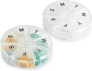 Organizador semanal de píldoras - (Pack of 2) Container de 7 días, caja de organizadores de medicina redonda, caja de recordatorio de píldoras de semana diaria Travel Friendly, vitamina libre de BPA, suplemento, aceite de pescado, Planificador de medicamentos