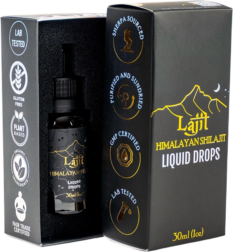 Lajit Gold Grade Himalayan Shilajit Liquid Drops – Organic, Sun-Dried – Bioavailable Nutrients - Fulvic Acid, 85+ Trace Minerals – Lab Tested for Men &amp; Women – Natural Energy, Immunity, Strength– 30ml