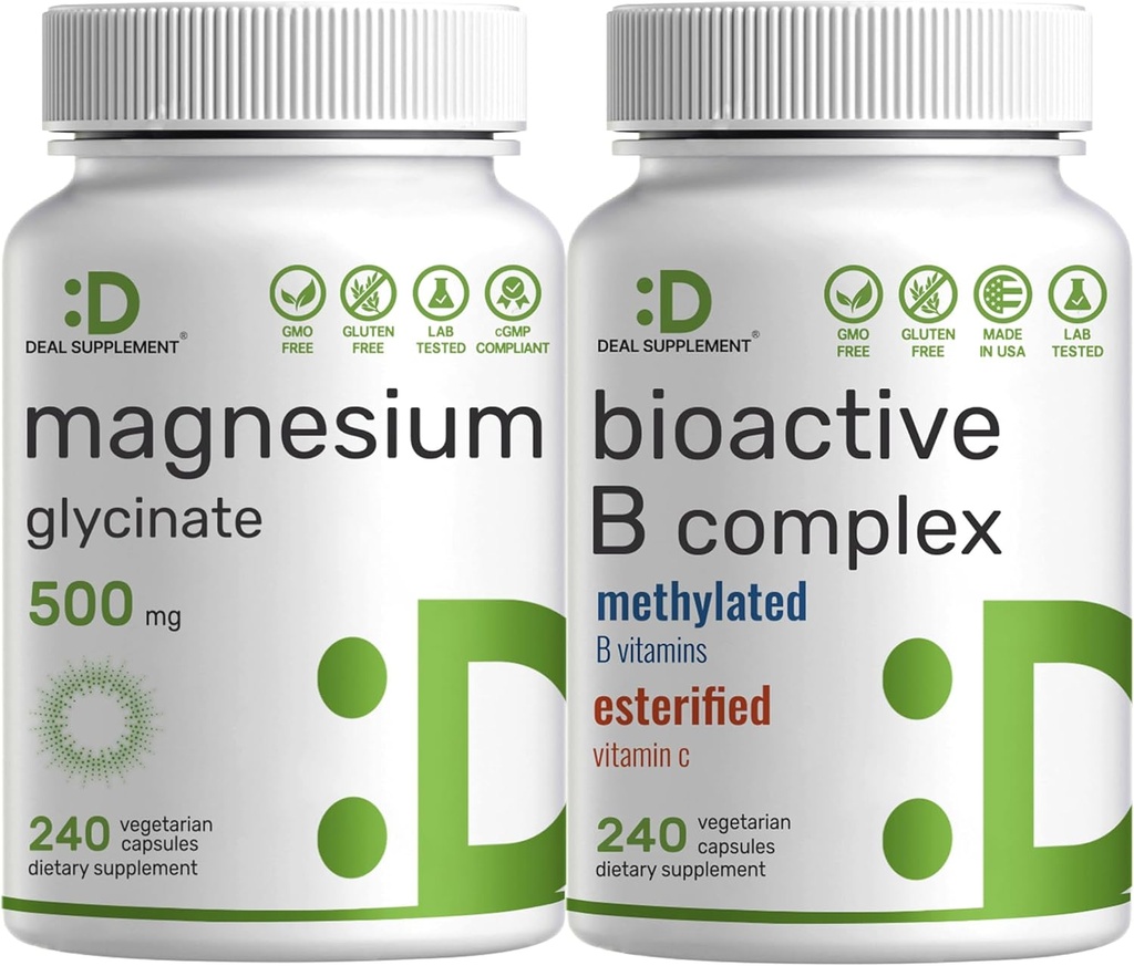Magnesium Glycinate 500mg Veggie Capsules &amp; Bioactive Vitamin B Complex Bundle Pack – Easi Absorbed Chelated Mineral – Immune, Energy, & Metabolism Supplement