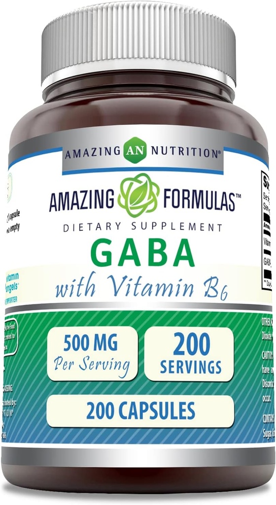 Fórmulas increíbles GABA con vitamina B6 Suplemento TENIDO 500 Mg Por Serving TENIDO 200 cápsulas Silencio No-OMG TENIDO Gluten Free TEN Made in USA