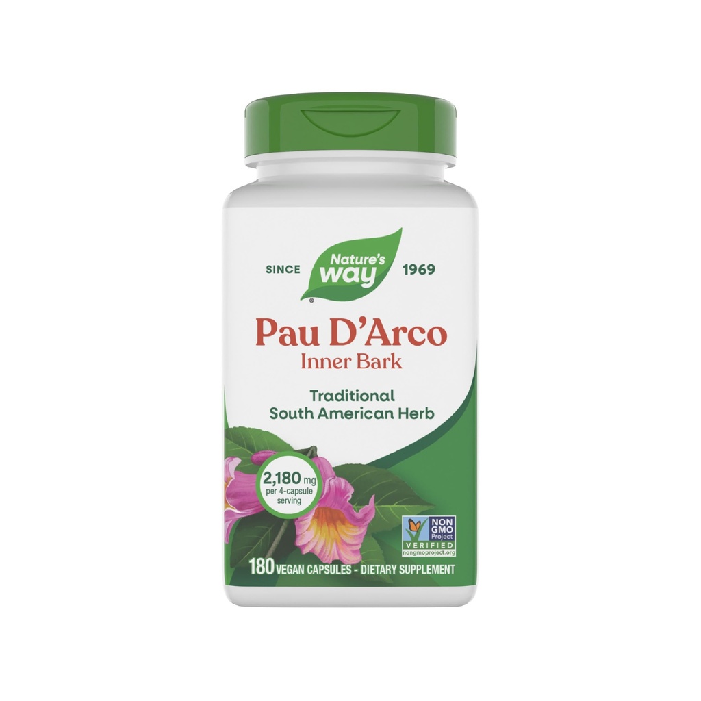 Camino de la Naturaleza Pau d'Arco Barco Interior, Herb Sudamericano Tradicional, 2,180 mg por servicio de 4 cápsulas, Proyecto No GMO Verificado, 180 cápsulas (Paquete Mayo Vary)