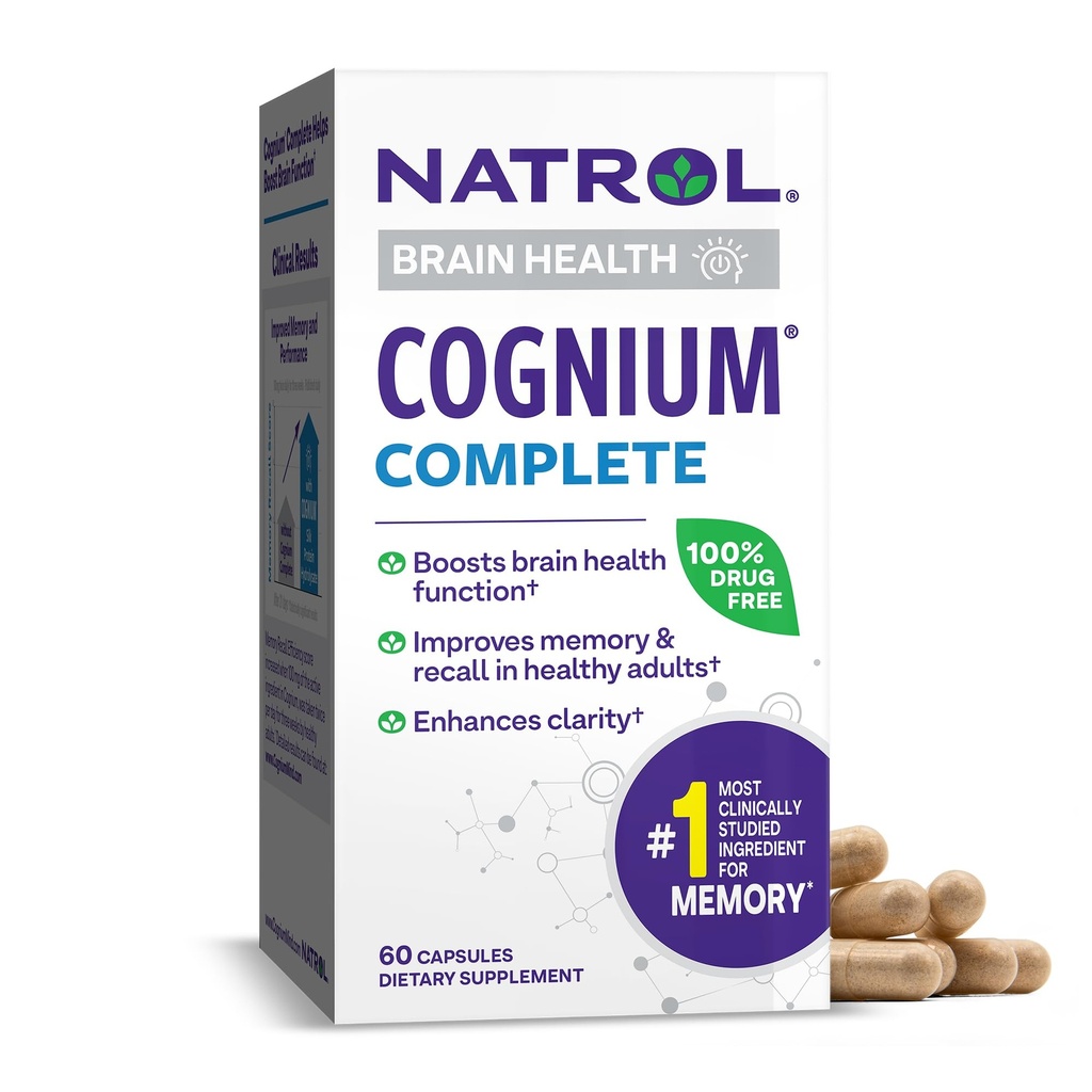 Natrol Cognium Complete, Suplemento dietético para salud cerebral, suplementos de salud cerebral para adultos, 60 cápsulas, 30 días de suministro