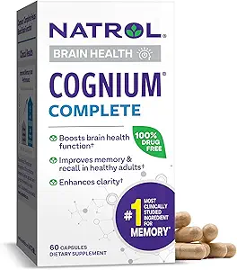 Natrol Cognium Complete, Suplemento dietético para salud cerebral, suplementos de salud cerebral para adultos, 60 cápsulas, 30 días de suministro
