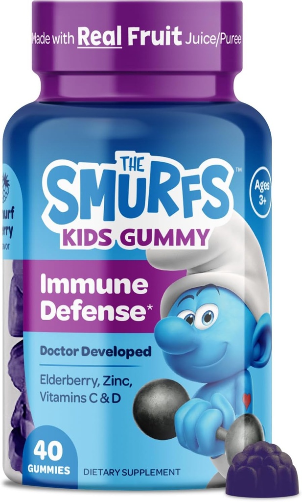 Pitufos Kids Immune Support Gummies  Black Elderberry Vitamin C and Zinc Kids Immunity Gummies Silencio Hecho con Real Fruit ← Doctor Desarrollado ← No GMO &amp; No Artificial Flavors or Colors ← 40 Gummies
