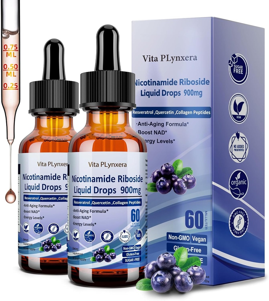 2 Pack NAD Suplementos para Hombres Mujer, NAD Nicotinamide Riboside Resveratrol 900mg " Quercetin, Niacin, Collagen, Biotin, Liquid NAD Plus Suplemento NR900 For Anti-Aging Skin Energy Longevity Focus