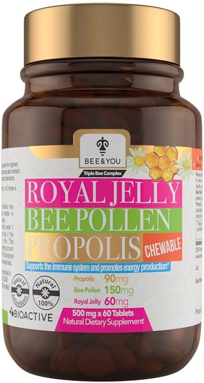 BEE y You Royal Jelly + Propolis + Bee Pollen Chewable Tablets - High Potency - No Artificial Flavor/Preservatives - No Añadido Sugar- No Soy/Milk/Gelatin/GMO/Gluten, 500 mg x 60 Tablets
