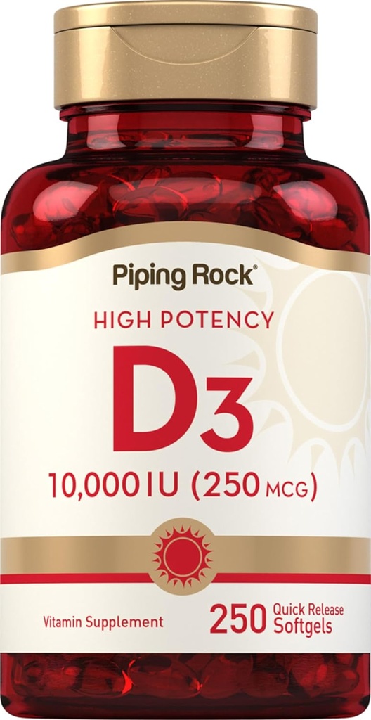 Piping Rock Vitamina D3 10000 UI TENIDO 250 mcg TEN 250 Softgels TEN High Potency ← Non-GMO &amp; Gluten Free Supplement