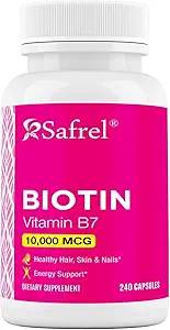 Safrel Biotina (Vitamin B7) 10,000mcg (10mg) Suplemento de vitaminas, 240 cápsulas - Vegetariano, sin gluten, lanzamiento rápido, no GMO