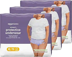 Basics Incontinence Underwear for Women, Protective, Disposable, Postpartum, Maximum Absorbency, X-Large, Lavender, 48 Count (3 Packs of 16)