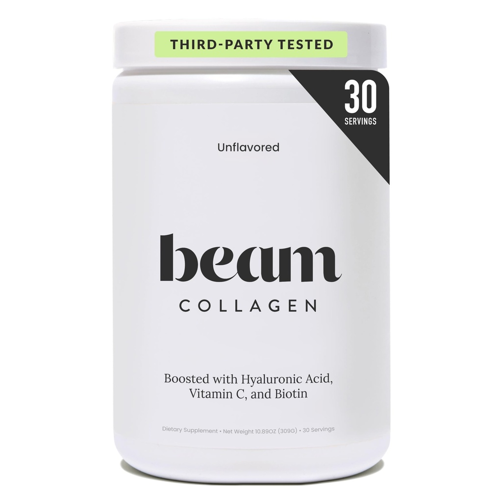 Beam Collagen Powder, Collagen for Women, Collagen with Hyaluronic Acid, Collagen Peptides Tipo 1 y 3, con Biotina, Grass Fed Bovine, Third-Party Tested, Best for Coffee, Vitamin C, 30 Servings