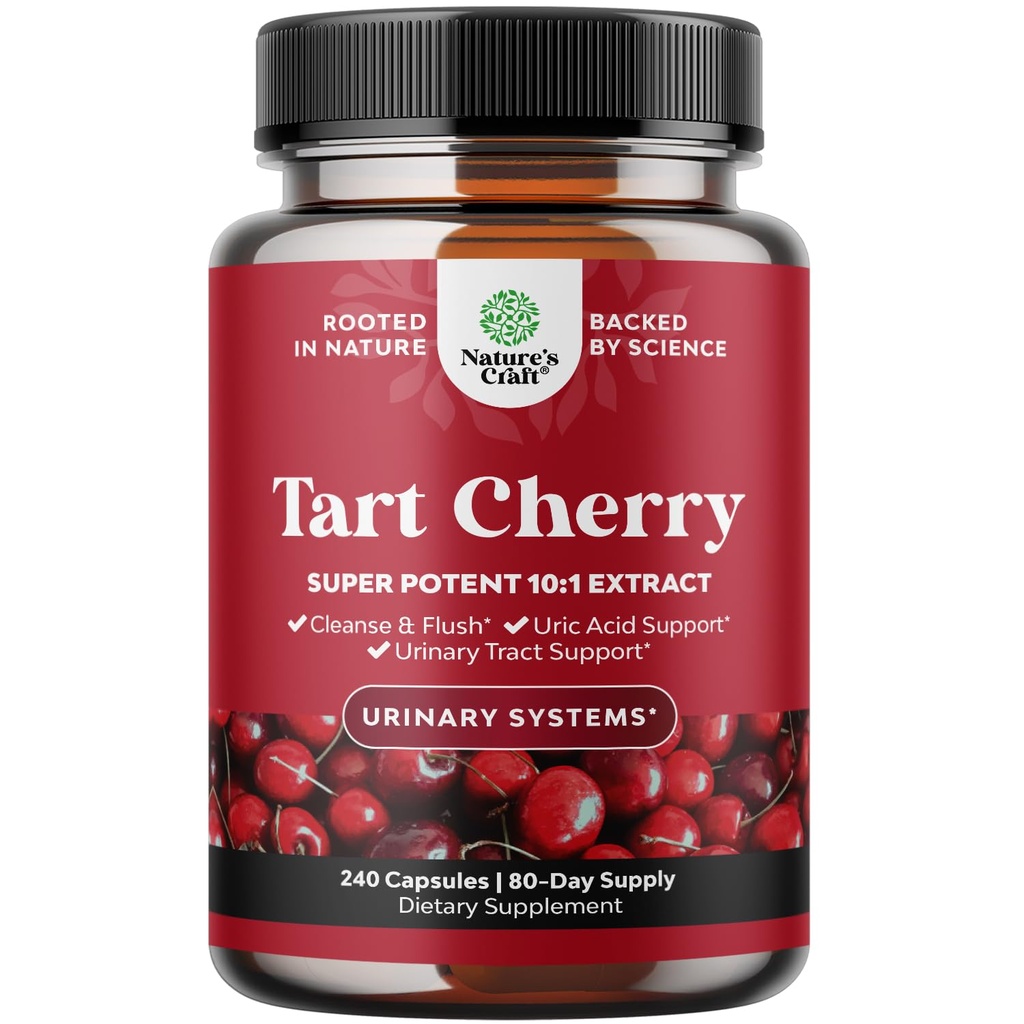 Extra Strength Tart Cherry Capsules - Tart Cherry Extract Capsules 7500mg para Uric Acid Cleanse for Gout & Kidneys Support - Fruit Extract Supplement for Urinary Tract Health & Joint Support - 240 Ct