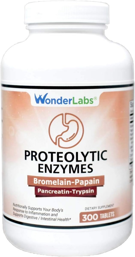 Wonder Laboratories Proteolytic Enzymes ← Bromelain Papain Pancreatin Trypsin 550 mg Total con Amylase estandarizada, Lipase y Protease, 300 Tablets