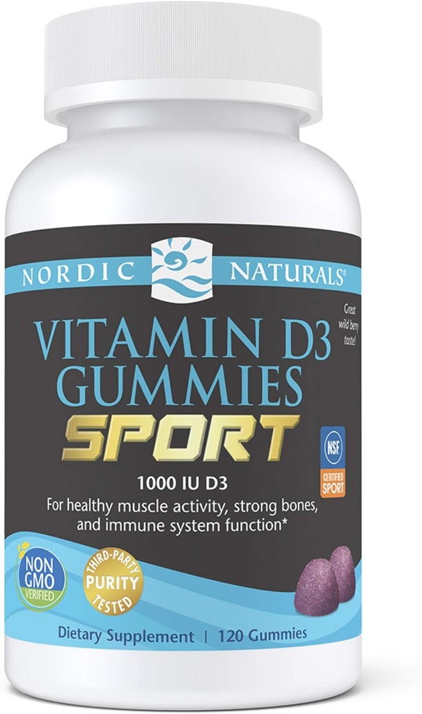 Naturales nórdicos Vitamina D3 Gummies Deporte, Berry salvaje - 120 Gummies - 1000 UI Vitamina D3 - NSF Certificado - Huesos saludables, Mood &amp; Immune System Función - No GMO - 120 Servimientos